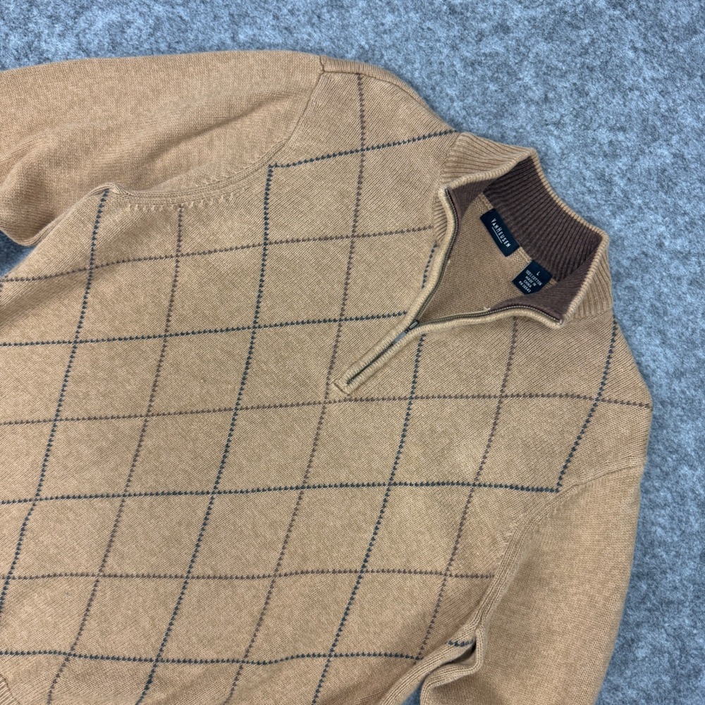 Van Heusen Mens Large Brown Argyle 1/4 Zip Pullover Cotton Knit Sweater Large